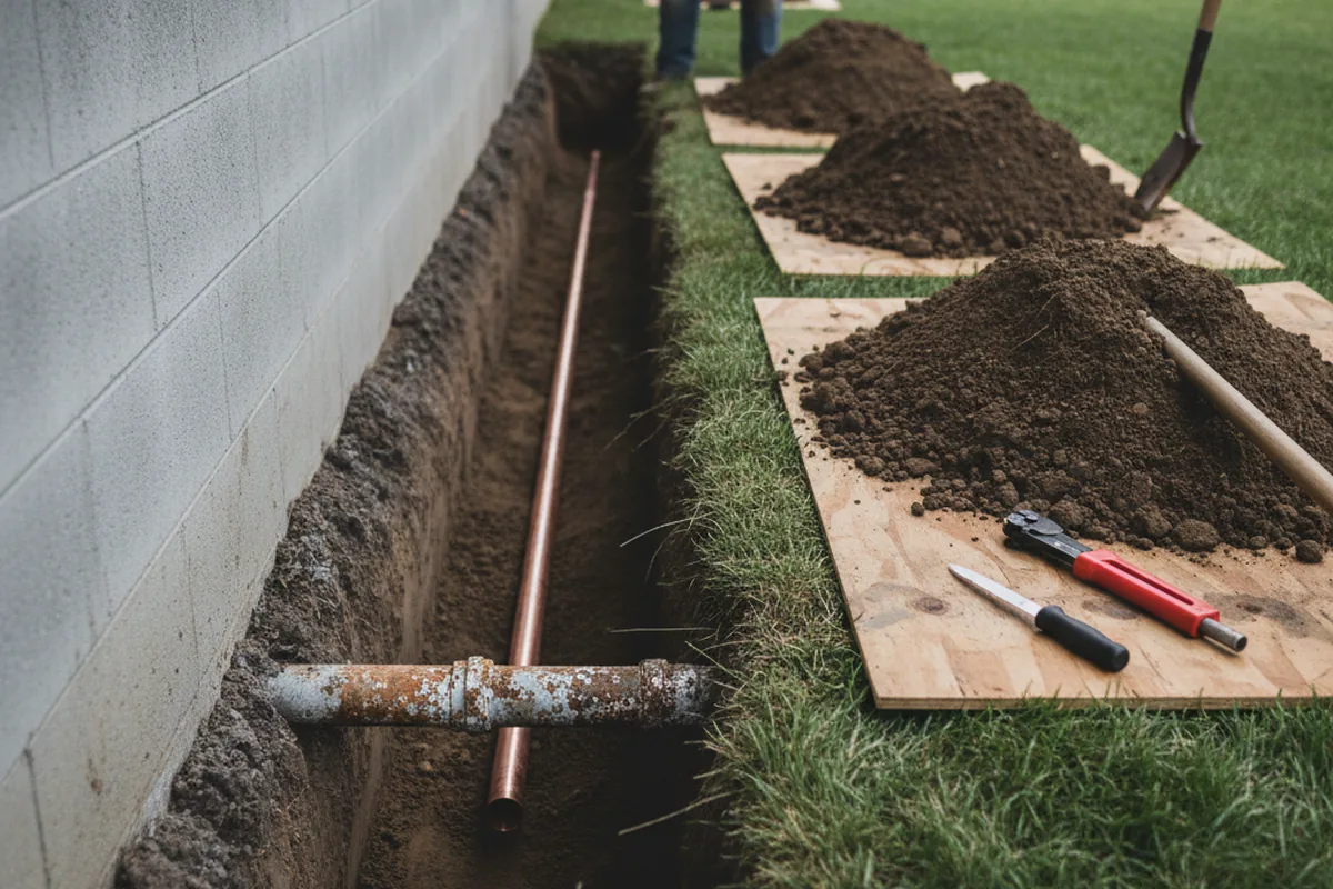 Excavated water line trench during Sewer Line Repair in Mardela Springs